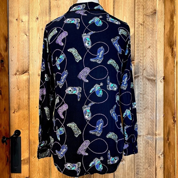 Lady Reiner Medium Black Long Sleeve Button Up Western Cowgirl Shirt Lasso Boots - Picture 4 of 6